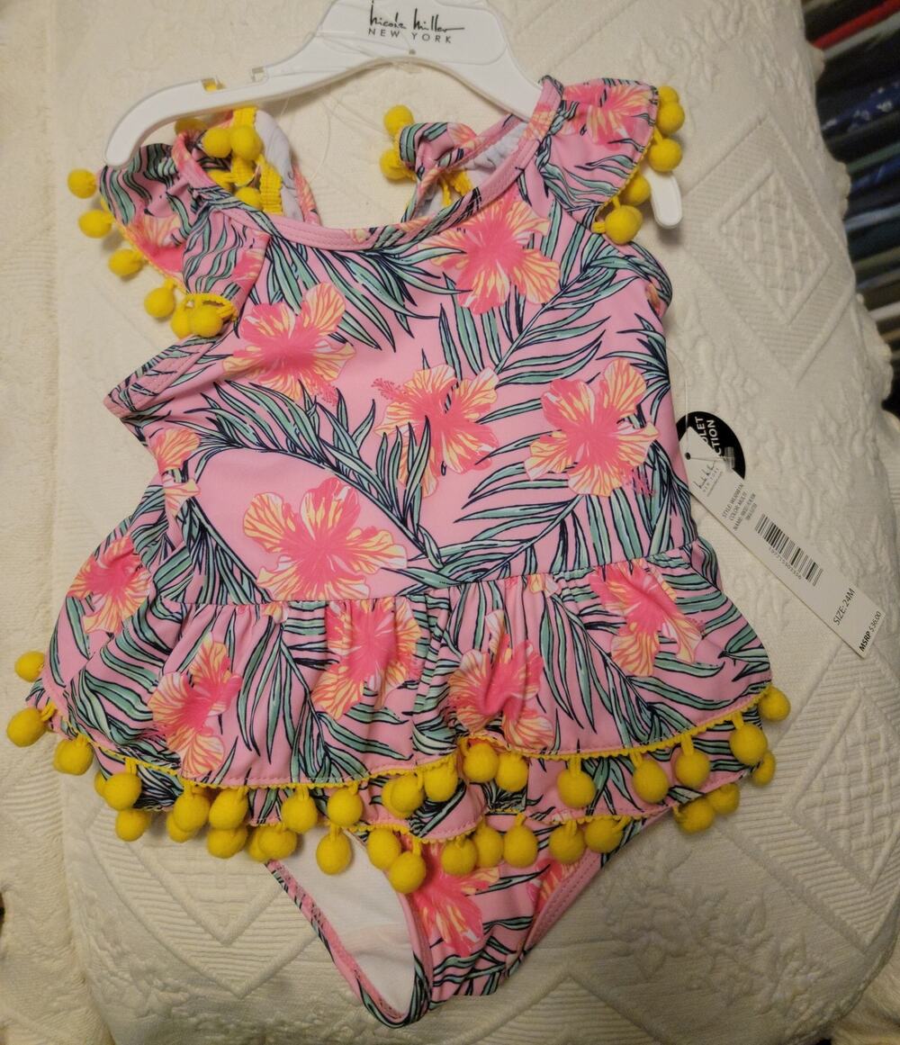 Nicole Miller NY Toddler GirlOne Piece Swimsuit 24M PinkTropical Floral Pom  NWT